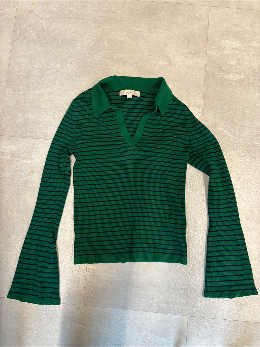 LOFT Green & Black Striped Collared Long Sleeve Sweater